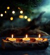 © Vergiliy - Tranquil candlelight arrangement on rustic wooden holder with blurred festive background, copy space for text