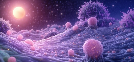 Poster - surreal microscopic landscape with glowing cells and ethereal light effects, copy space for text
