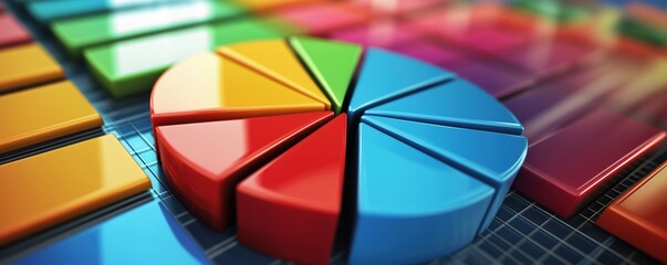 Poster - Colorful pie chart with vibrant segments and glossy blocks in background, copy space for text