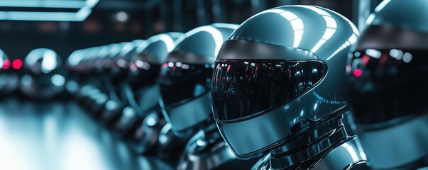 Poster - Futuristic robotic figures with reflective helmets in a high-tech environment, copy space for text