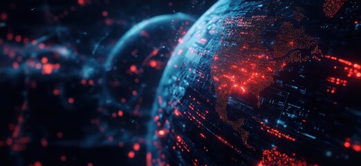 Poster - Digital globe with glowing red data points representing global connectivity and technology, copy space for text