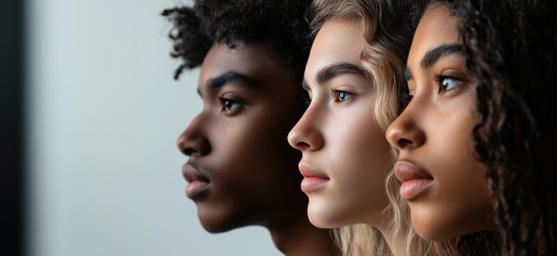 Diverse group of young adults showcasing unique facial features and expressions, copy space for text