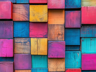 Poster - Vibrant abstract aged wood texture with stacked wooden blocks on wall – Colorful artistic architectural background for creative designs