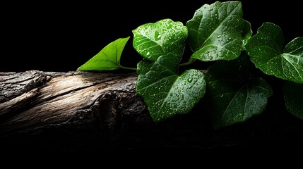 Wall Mural - Lush Green Ivy Vines With Heart-Shaped Leaves Against Dark Background Featuring Water Droplets