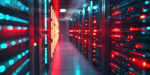 Poster - Interior View of a Futuristic Server Room with Colorful LED Lights and High-Tech Equipment in a Modern Data Center Environment