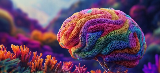 Poster - colorful abstract brain design resembling coral reef with vibrant textures and patterns, copy space 