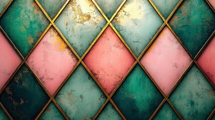 Wall Mural - Colorful diamond-patterned wall with a mix of teal, pink, and gold accents, creating a vibrant and artistic backdrop