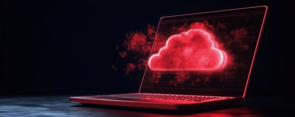 Poster - Red glowing cloud symbol emerging from laptop screen in dark environment, copy space for text