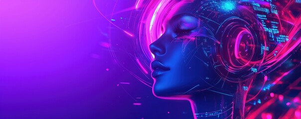 Poster - futuristic digital woman with neon lights and cybernetic features, copy space for text