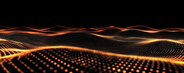 Poster - abstract digital landscape with glowing orange waves and dots on black background, copy space for te