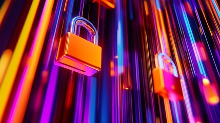 Aufkleber - Colorful digital locks suspended in a vibrant abstract background, symbolizing security and technology