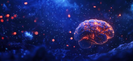 Poster - glowing brain in cosmic space with vibrant lights and starry background, copy space for text