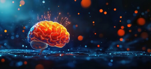 Poster - vibrant brain illustration with glowing neural connections and colorful particles, copy space for te