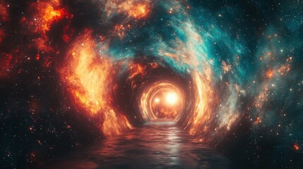Poster - Cosmic tunnel, nebula swirls, bright light, space journey, sci-fi background