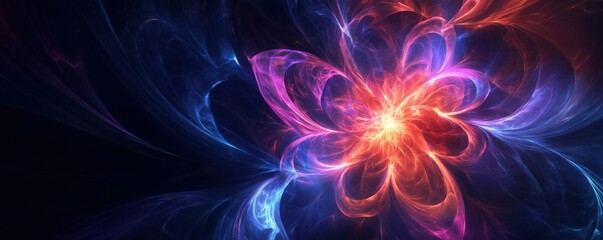 Poster - vibrant abstract fractal flower design with glowing colors and intricate patterns, copy space for te
