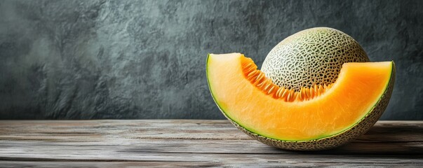 Poster - Fresh cantaloupe melon with slice on rustic wooden table against textured background, copy space for text