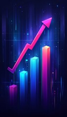 Poster - Neon Growth Chart, Upward Trend on a Vibrant, Futuristic Dark Background With Abstract Cyber Effect