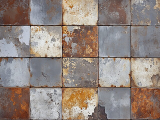 Poster - Vintage patchwork concrete and stone texture wall with rusty brown and gray worn tiles