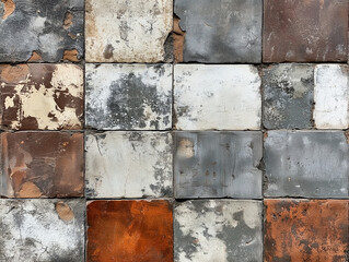 Poster - Vintage patchwork concrete and stone texture wall with rusty brown and gray worn tiles