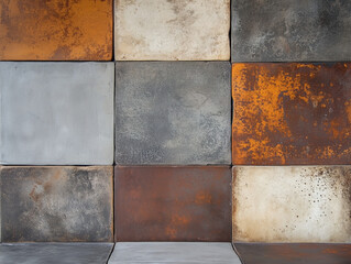 Poster - Vintage patchwork concrete and stone texture wall with rusty brown and gray worn tiles