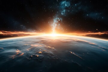 Wall Mural - Majestic sunrise over Earth from space revealing a cosmic tapestry and swirling clouds illuminated by distant stars. Generative AI