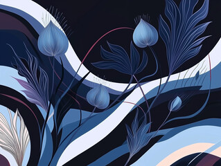 Poster - Modern header design with thistle, midnight blue, and sky blue colors featuring dynamic curved lines and fluid flowing waves