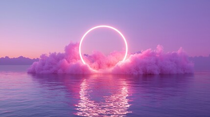 Poster - A pink cloud hovers gracefully on calm waters, illuminated by an oval neon light frame above it. The tranquil background features a soft purple and blue gradient sky, creating a soothing atmosphere