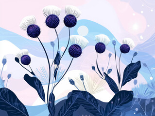 Poster - Modern header design with thistle, midnight blue, and sky blue colors featuring dynamic curved lines and fluid flowing waves
