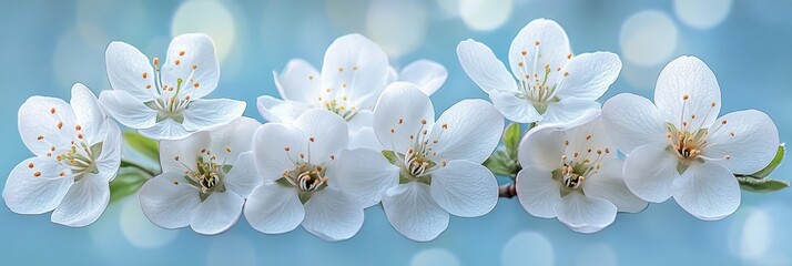 Delicate White Blossom Flowers on a Flowering Tree Branch Against a Blue Springtime Background.