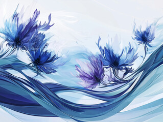 Poster - Modern header design with thistle, midnight blue, and sky blue colors featuring dynamic curved lines and fluid flowing waves