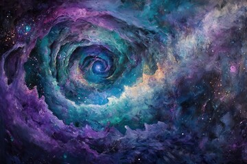 Wall Mural - celestial nebula swirling with vibrant purples and teals, illuminated by distant stars, creating a cosmic dance of light and energy in deep space