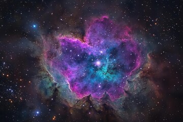 Wall Mural - celestial nebula swirling with vibrant purples and teals, illuminated by distant stars, creating a cosmic dance of light and energy in deep space