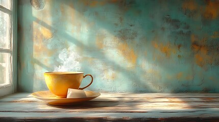 Wall Mural - A steaming cup of tea sits on a rustic windowsill