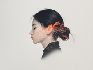 Wall Mural - Portrait of a woman with a double exposure of autumn trees