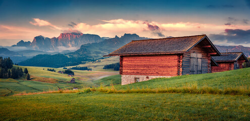 Wall Mural - panoramic morning view of compaccio village, seiser alm or alpe di siusi location, bolzano province,