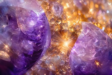 Wall Mural - cosmic dance of swirling purple and gold nebulae, with shimmering stars and distant planets, ethereal light rays pierce through cosmic dust clouds