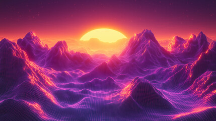 Wall Mural - abstract landscape with bright neon mountains illuminated with orange and pink lights under a starry