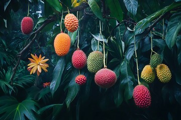 Exotic Jungle Fruits Hanging from Branches