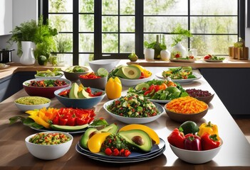 Wall Mural - vibrant plates showcasing ingredients various dietary preferences eye catching colors presentations, appetizers, arrangement, art, bowl, breakfast