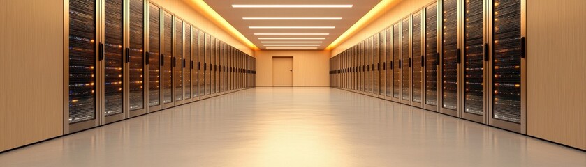 Wall Mural - A modern data center with rows of servers lined up, illuminated by warm overhead lights, creating a sleek and organized environment.