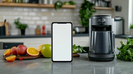 Poster - A smartphone with a white screen mockup on a kitchen counter, beside a blender and fresh smoothie ingredients.