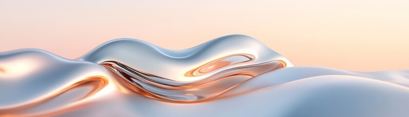 Poster - A smooth metallic landscape undulates under a gentle golden sunrise, creating a breathtaking fusion of organic shapes and futuristic design. The tranquil atmosphere invites contemplation