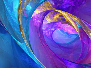 Fototapete - Vibrant abstract curved background with blue and purple waves, golden accents, bright neon colors for creative designs and clean wallpapers.