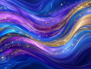 Fototapete - Vibrant abstract curved background with blue and purple waves, golden accents, bright neon colors for creative designs and clean wallpapers.