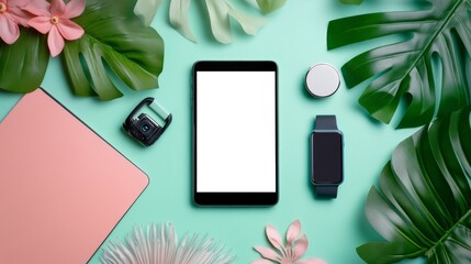 Poster - An overhead view of a tech-savvy desk setup, featuring a blank-screen laptop, smartphone, and a smartwatch. Top view
