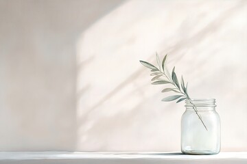 Poster - A translucent watercolor painting features a glass jar with an olive branch emerging, showcasing delicate light reflections and soft textures against a muted backdrop