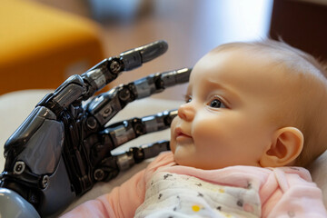 Poster - Baby interacts with robotic hand in a cozy setting