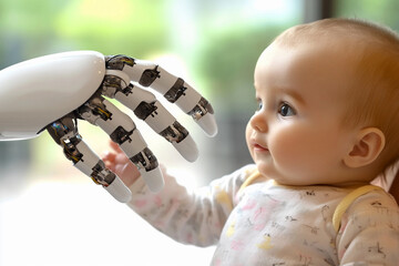 Poster - Robot hand interacts with curious baby in modern setting