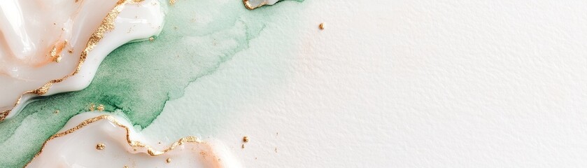 Poster - A gentle blend of mint and emerald green softly merges into light cream, accentuated by gold splashes. This artistic backdrop invites sophisticated text placement for various projects