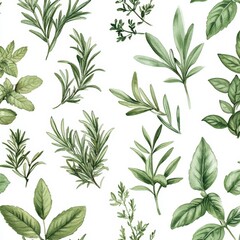 Poster - Seamless Pattern Featuring Various Herbs in Watercolor Style for Design Projects, Textile Patterns, and Home Decor